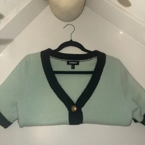 Mint Green Cropped Cardigan w/ Gold Buttons – Express, Size M - Picture 5 of 5